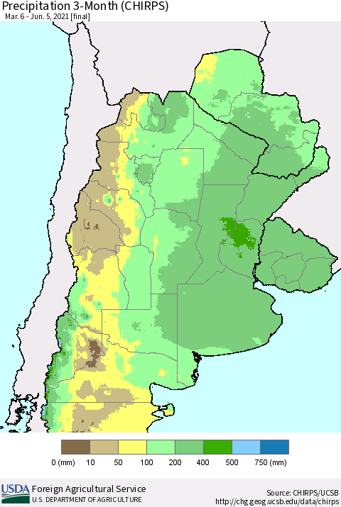 Southern South America Precipitation 3-Month (CHIRPS) Thematic Map For 3/6/2021 - 6/5/2021