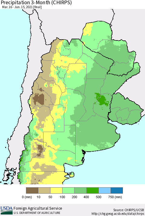 Southern South America Precipitation 3-Month (CHIRPS) Thematic Map For 3/16/2021 - 6/15/2021
