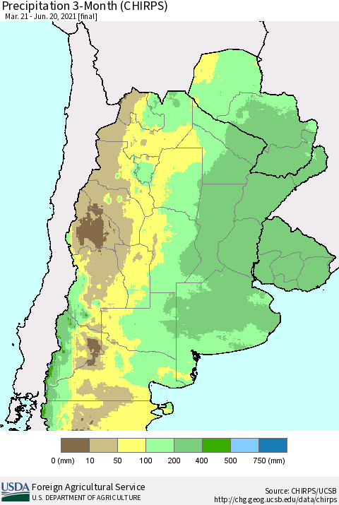 Southern South America Precipitation 3-Month (CHIRPS) Thematic Map For 3/21/2021 - 6/20/2021