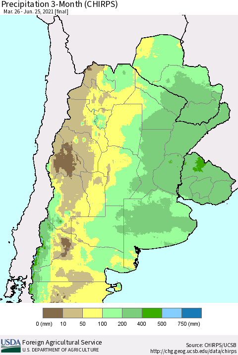 Southern South America Precipitation 3-Month (CHIRPS) Thematic Map For 3/26/2021 - 6/25/2021