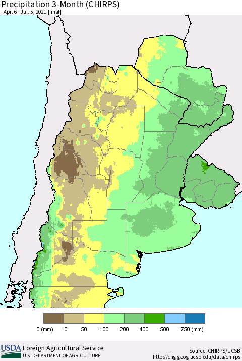 Southern South America Precipitation 3-Month (CHIRPS) Thematic Map For 4/6/2021 - 7/5/2021