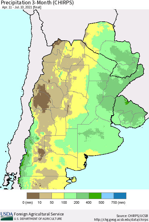 Southern South America Precipitation 3-Month (CHIRPS) Thematic Map For 4/11/2021 - 7/10/2021