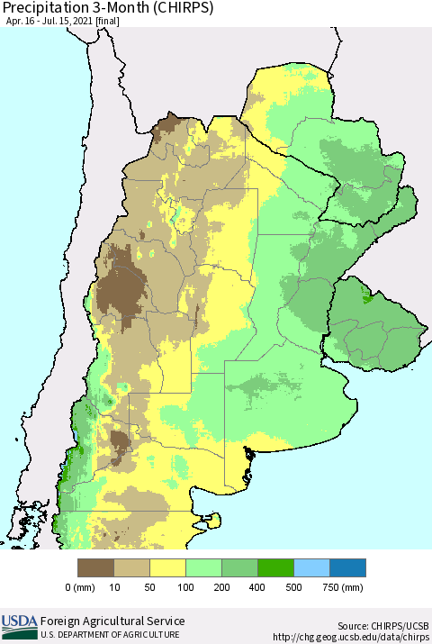 Southern South America Precipitation 3-Month (CHIRPS) Thematic Map For 4/16/2021 - 7/15/2021