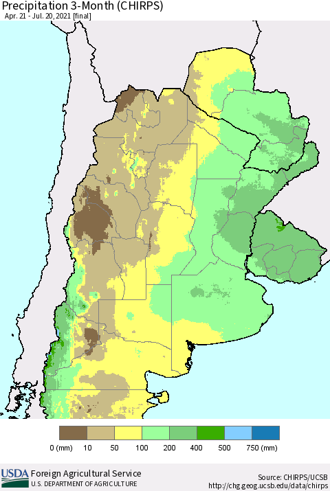 Southern South America Precipitation 3-Month (CHIRPS) Thematic Map For 4/21/2021 - 7/20/2021