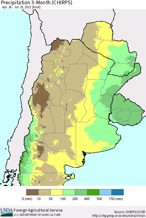 Southern South America Precipitation 3-Month (CHIRPS) Thematic Map For 4/26/2021 - 7/25/2021