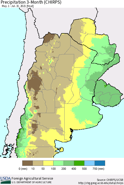 Southern South America Precipitation 3-Month (CHIRPS) Thematic Map For 5/1/2021 - 7/31/2021