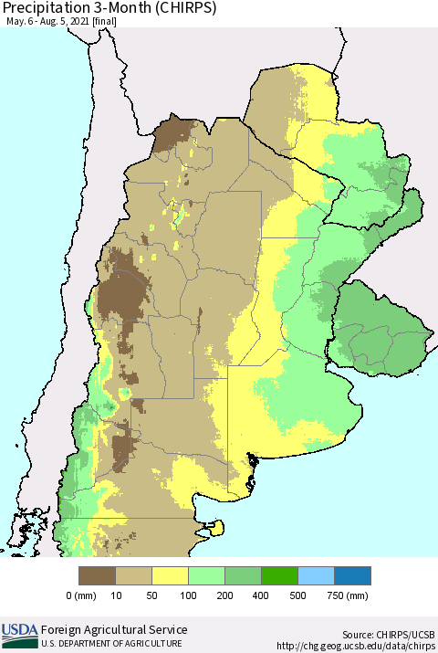 Southern South America Precipitation 3-Month (CHIRPS) Thematic Map For 5/6/2021 - 8/5/2021