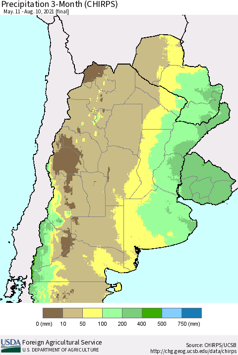 Southern South America Precipitation 3-Month (CHIRPS) Thematic Map For 5/11/2021 - 8/10/2021