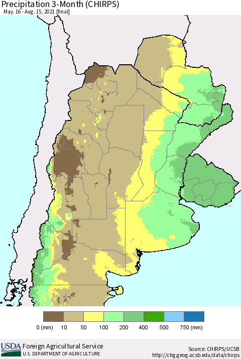 Southern South America Precipitation 3-Month (CHIRPS) Thematic Map For 5/16/2021 - 8/15/2021