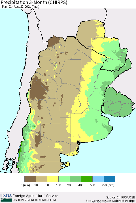 Southern South America Precipitation 3-Month (CHIRPS) Thematic Map For 5/21/2021 - 8/20/2021