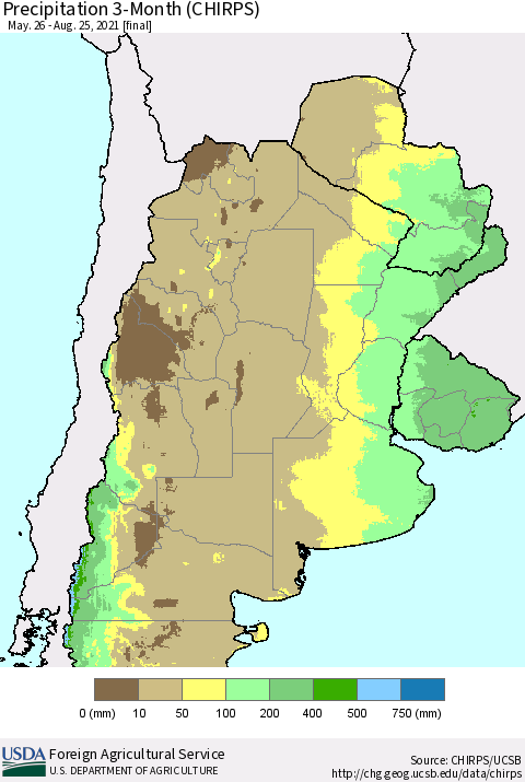 Southern South America Precipitation 3-Month (CHIRPS) Thematic Map For 5/26/2021 - 8/25/2021