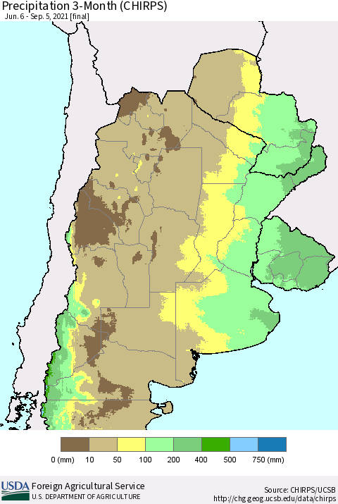 Southern South America Precipitation 3-Month (CHIRPS) Thematic Map For 6/6/2021 - 9/5/2021