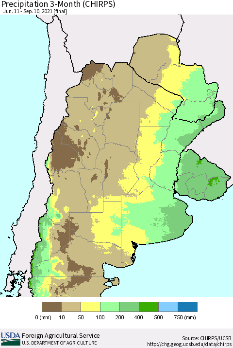 Southern South America Precipitation 3-Month (CHIRPS) Thematic Map For 6/11/2021 - 9/10/2021