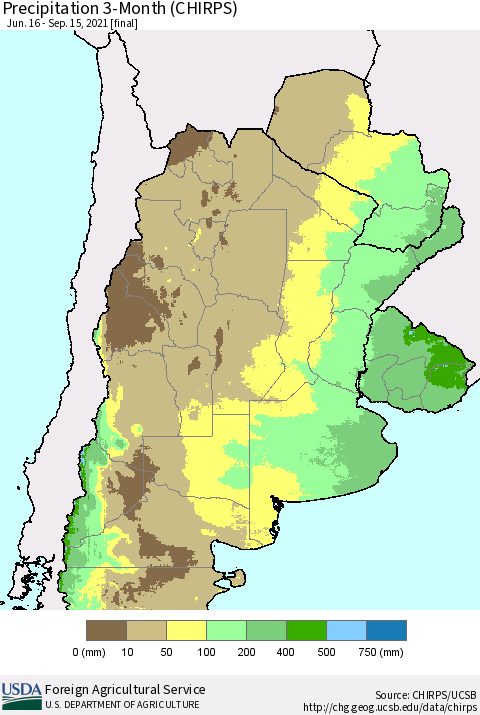 Southern South America Precipitation 3-Month (CHIRPS) Thematic Map For 6/16/2021 - 9/15/2021