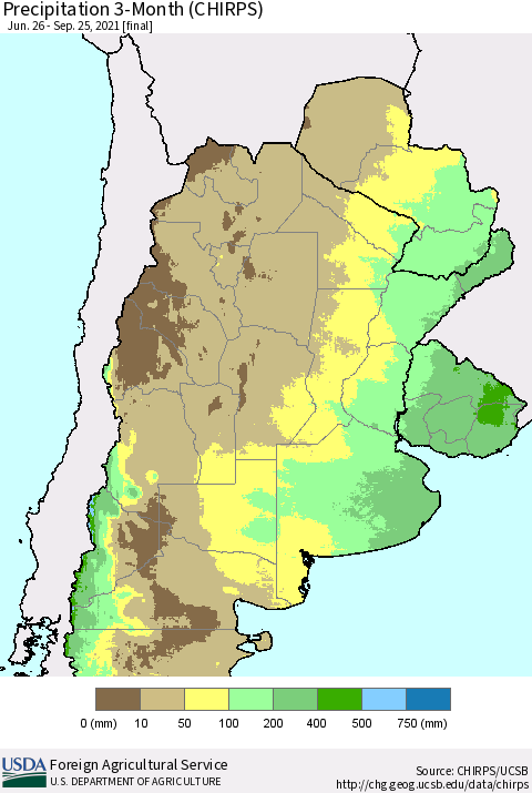 Southern South America Precipitation 3-Month (CHIRPS) Thematic Map For 6/26/2021 - 9/25/2021