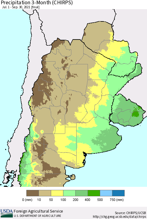 Southern South America Precipitation 3-Month (CHIRPS) Thematic Map For 7/1/2021 - 9/30/2021