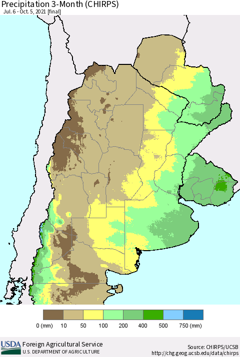 Southern South America Precipitation 3-Month (CHIRPS) Thematic Map For 7/6/2021 - 10/5/2021