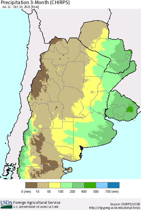 Southern South America Precipitation 3-Month (CHIRPS) Thematic Map For 7/11/2021 - 10/10/2021