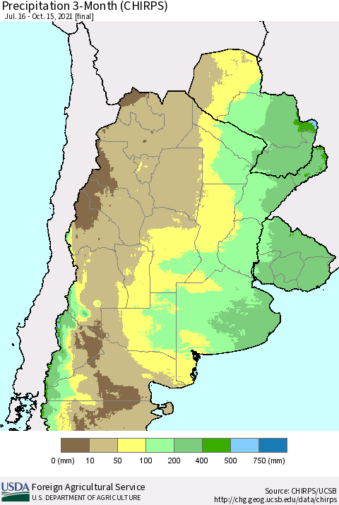 Southern South America Precipitation 3-Month (CHIRPS) Thematic Map For 7/16/2021 - 10/15/2021