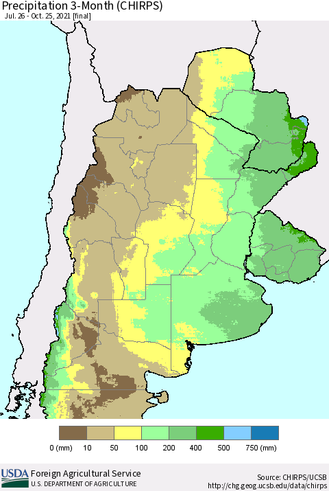 Southern South America Precipitation 3-Month (CHIRPS) Thematic Map For 7/26/2021 - 10/25/2021
