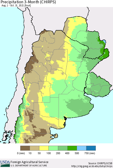 Southern South America Precipitation 3-Month (CHIRPS) Thematic Map For 8/1/2021 - 10/31/2021