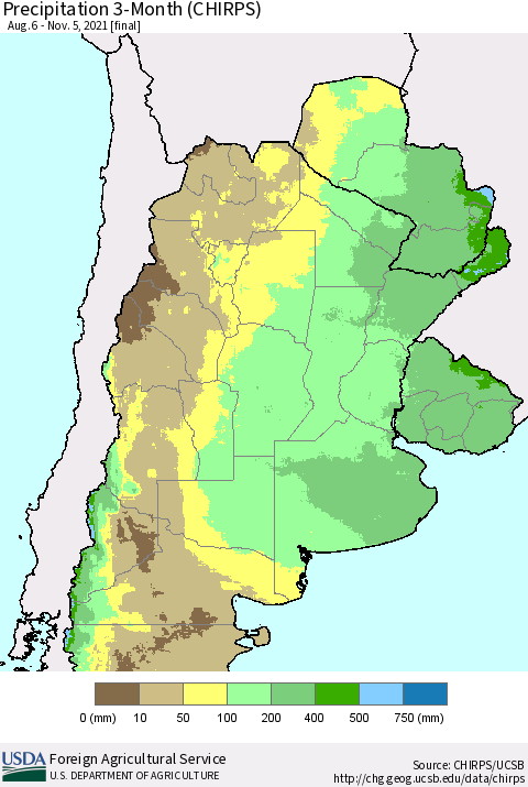 Southern South America Precipitation 3-Month (CHIRPS) Thematic Map For 8/6/2021 - 11/5/2021