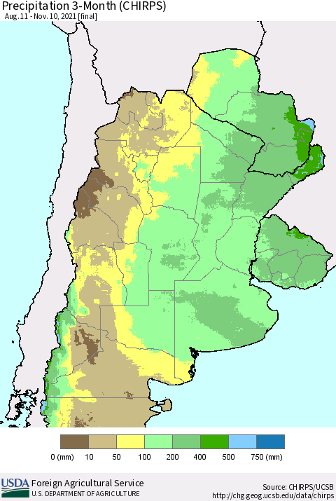 Southern South America Precipitation 3-Month (CHIRPS) Thematic Map For 8/11/2021 - 11/10/2021