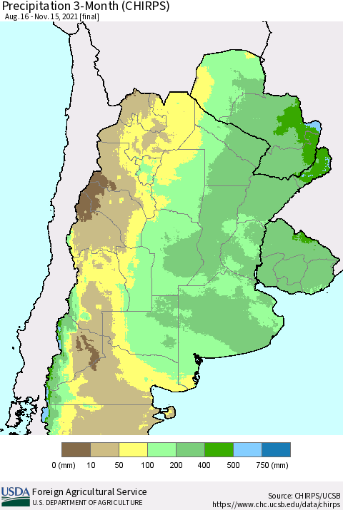 Southern South America Precipitation 3-Month (CHIRPS) Thematic Map For 8/16/2021 - 11/15/2021