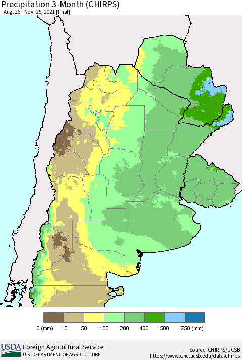 Southern South America Precipitation 3-Month (CHIRPS) Thematic Map For 8/26/2021 - 11/25/2021