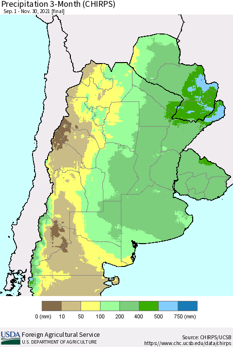 Southern South America Precipitation 3-Month (CHIRPS) Thematic Map For 9/1/2021 - 11/30/2021