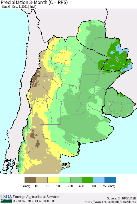Southern South America Precipitation 3-Month (CHIRPS) Thematic Map For 9/6/2021 - 12/5/2021