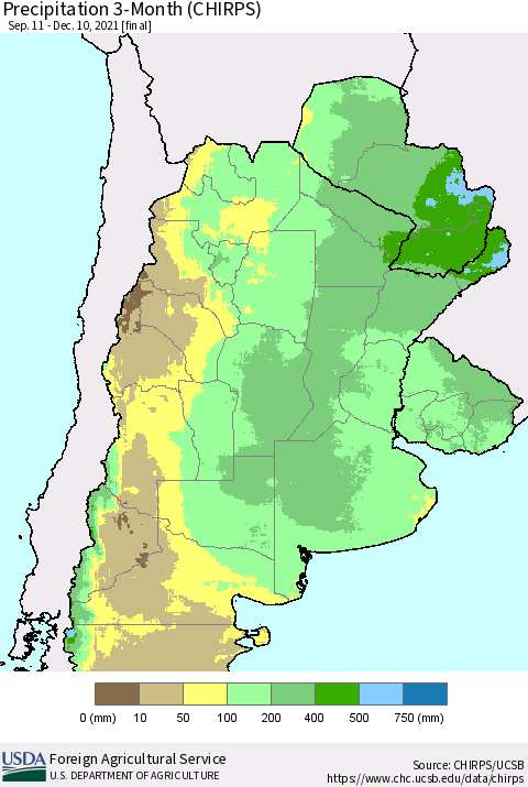 Southern South America Precipitation 3-Month (CHIRPS) Thematic Map For 9/11/2021 - 12/10/2021