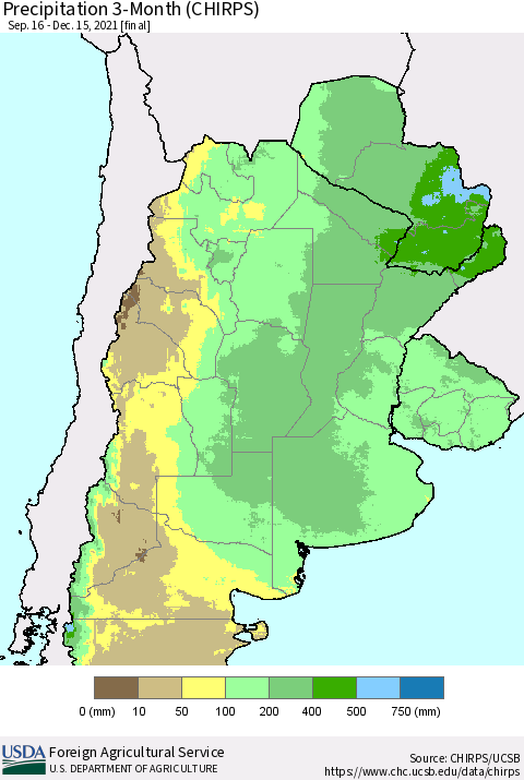 Southern South America Precipitation 3-Month (CHIRPS) Thematic Map For 9/16/2021 - 12/15/2021