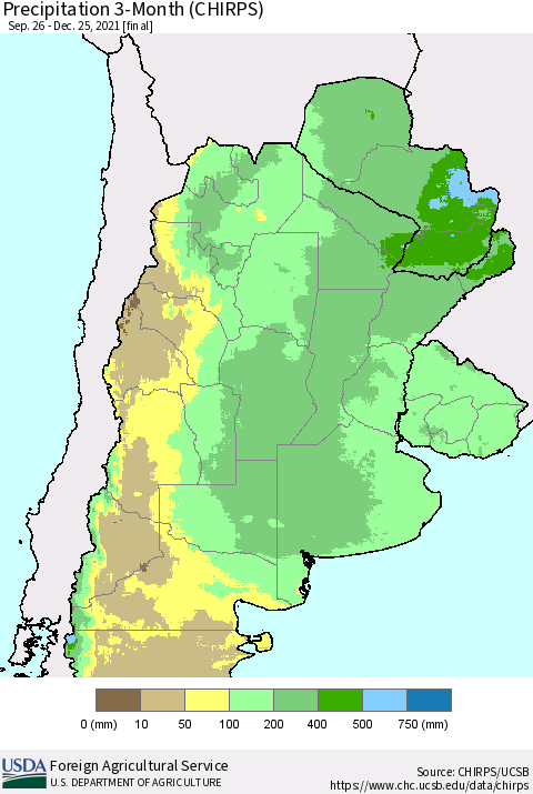 Southern South America Precipitation 3-Month (CHIRPS) Thematic Map For 9/26/2021 - 12/25/2021