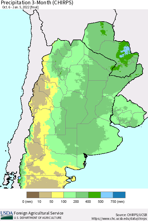 Southern South America Precipitation 3-Month (CHIRPS) Thematic Map For 10/6/2021 - 1/5/2022