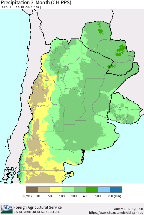 Southern South America Precipitation 3-Month (CHIRPS) Thematic Map For 10/11/2021 - 1/10/2022