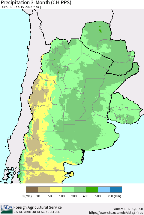 Southern South America Precipitation 3-Month (CHIRPS) Thematic Map For 10/16/2021 - 1/15/2022