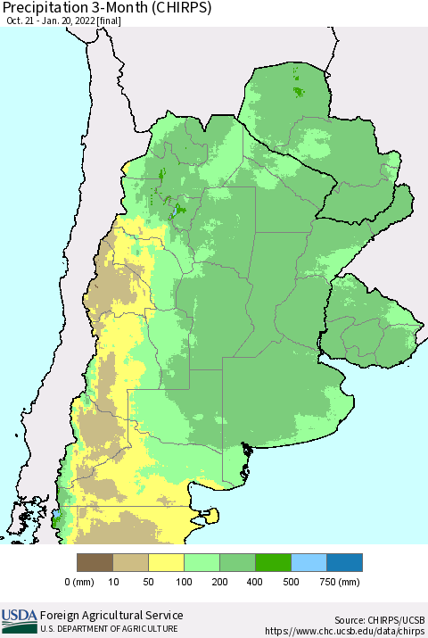 Southern South America Precipitation 3-Month (CHIRPS) Thematic Map For 10/21/2021 - 1/20/2022