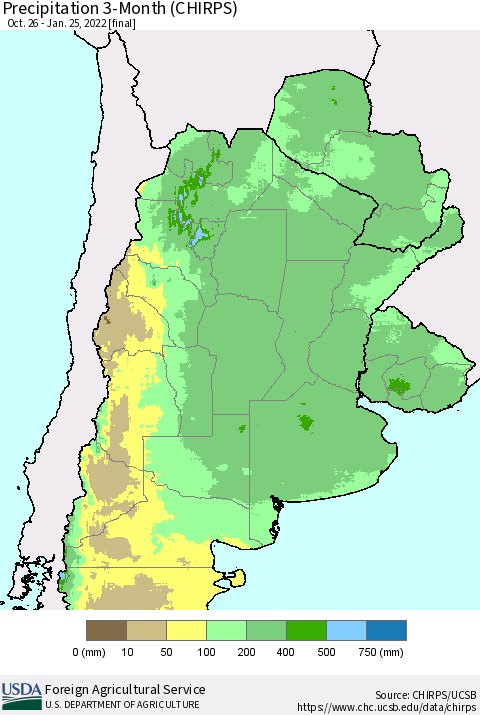 Southern South America Precipitation 3-Month (CHIRPS) Thematic Map For 10/26/2021 - 1/25/2022