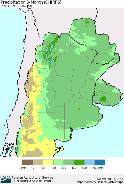 Southern South America Precipitation 3-Month (CHIRPS) Thematic Map For 11/1/2021 - 1/31/2022
