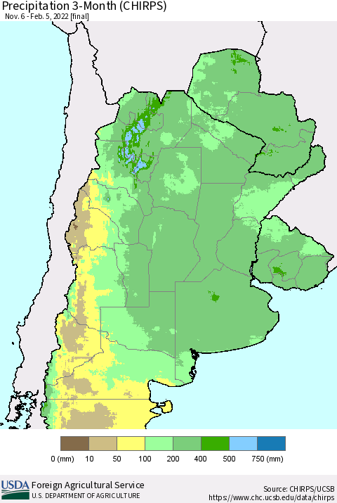 Southern South America Precipitation 3-Month (CHIRPS) Thematic Map For 11/6/2021 - 2/5/2022