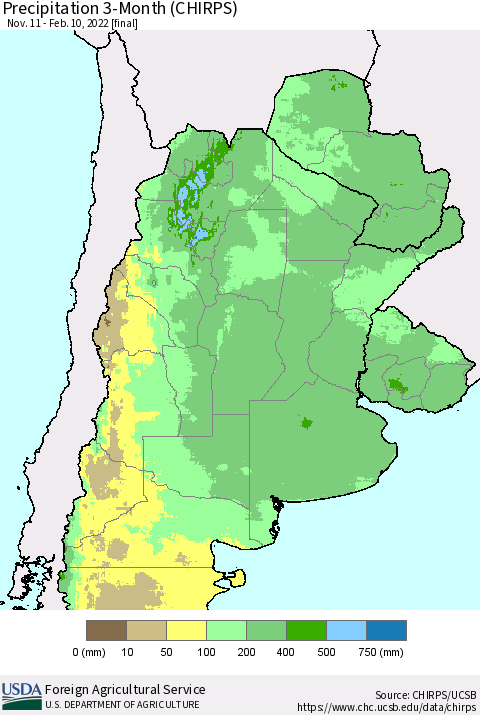 Southern South America Precipitation 3-Month (CHIRPS) Thematic Map For 11/11/2021 - 2/10/2022
