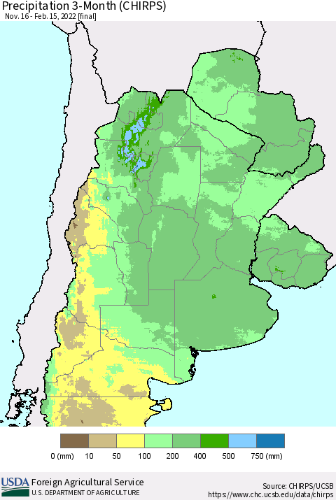 Southern South America Precipitation 3-Month (CHIRPS) Thematic Map For 11/16/2021 - 2/15/2022