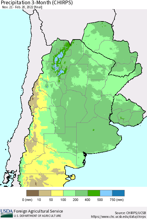 Southern South America Precipitation 3-Month (CHIRPS) Thematic Map For 11/21/2021 - 2/20/2022