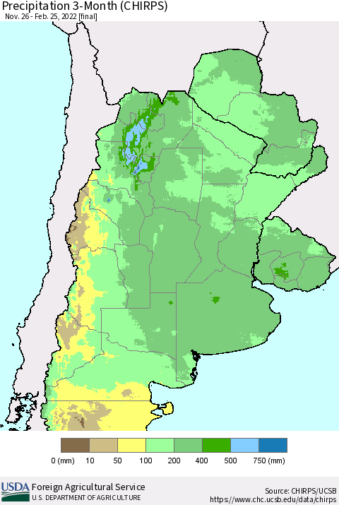 Southern South America Precipitation 3-Month (CHIRPS) Thematic Map For 11/26/2021 - 2/25/2022