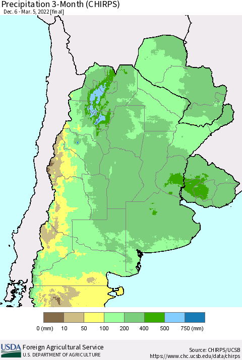 Southern South America Precipitation 3-Month (CHIRPS) Thematic Map For 12/6/2021 - 3/5/2022