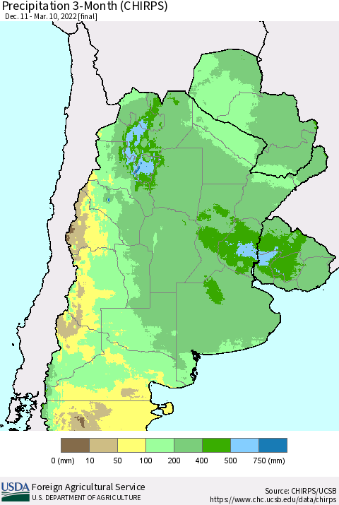 Southern South America Precipitation 3-Month (CHIRPS) Thematic Map For 12/11/2021 - 3/10/2022