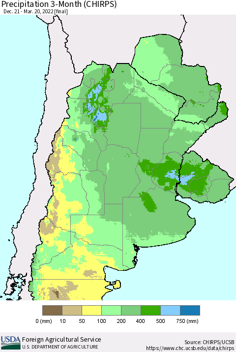 Southern South America Precipitation 3-Month (CHIRPS) Thematic Map For 12/21/2021 - 3/20/2022
