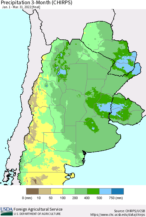 Southern South America Precipitation 3-Month (CHIRPS) Thematic Map For 1/1/2022 - 3/31/2022