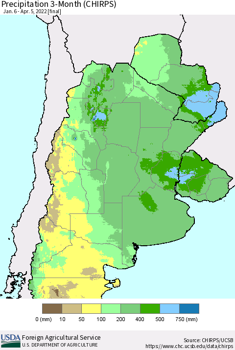 Southern South America Precipitation 3-Month (CHIRPS) Thematic Map For 1/6/2022 - 4/5/2022